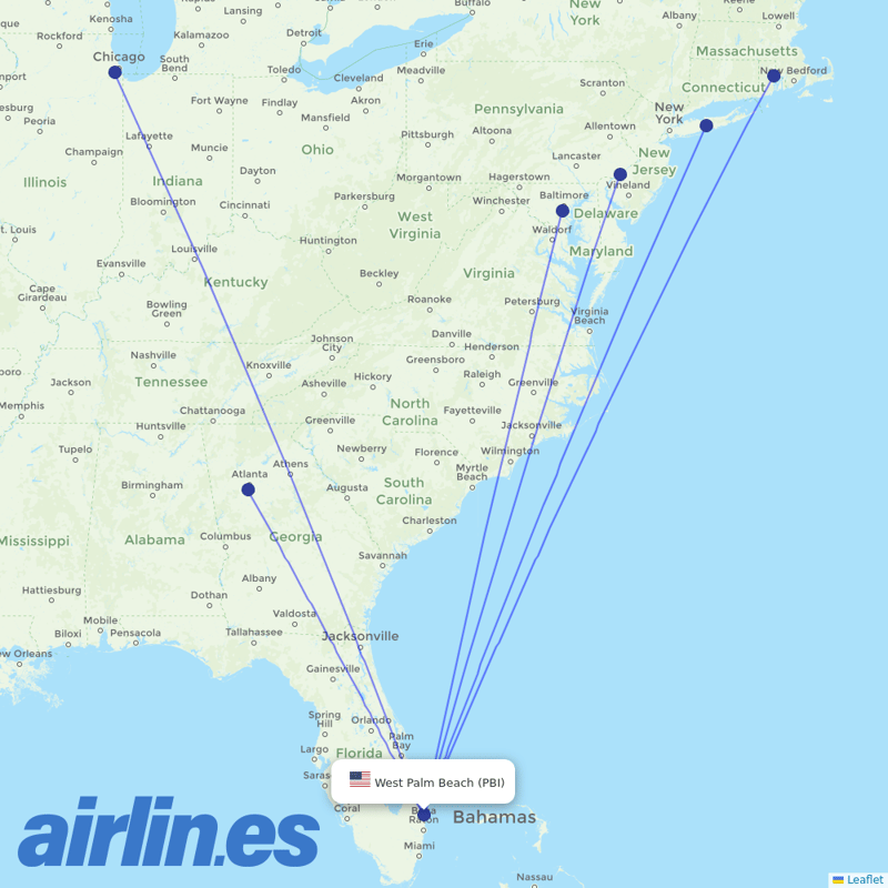 Southwest Airlines from Palm Beach International destination map