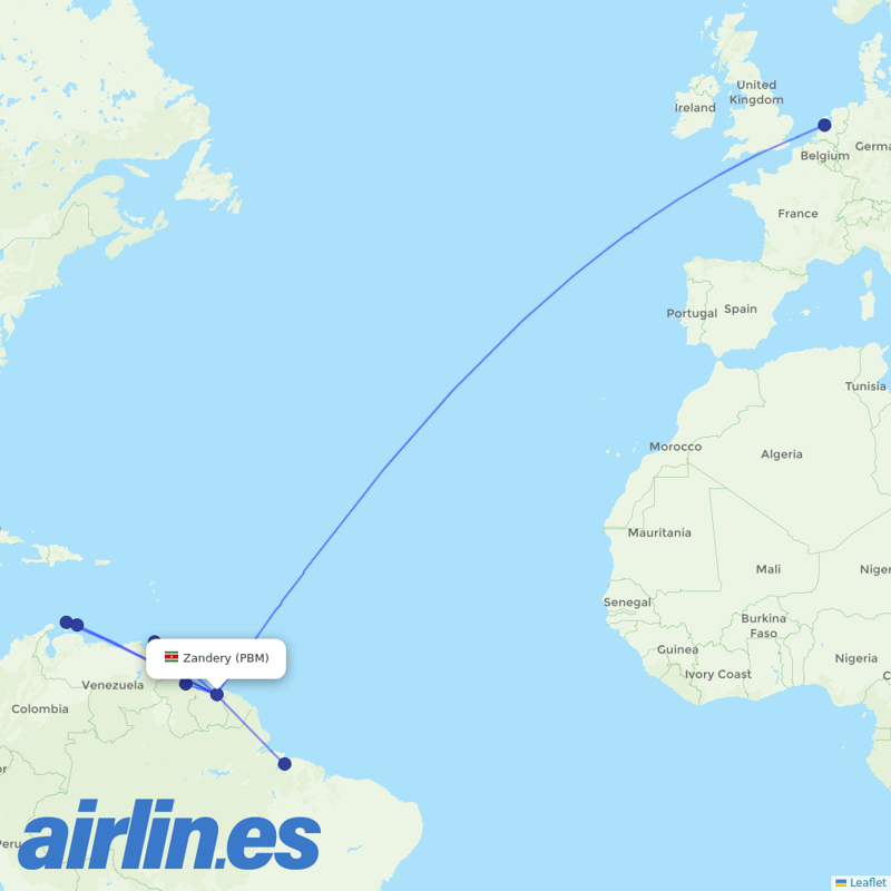 Surinam Airways from Johan A Pengel International destination map