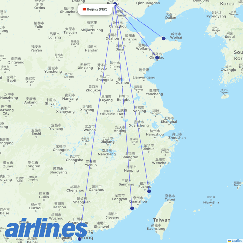 Shandong Airlines from Beijing Capital International Airport destination map