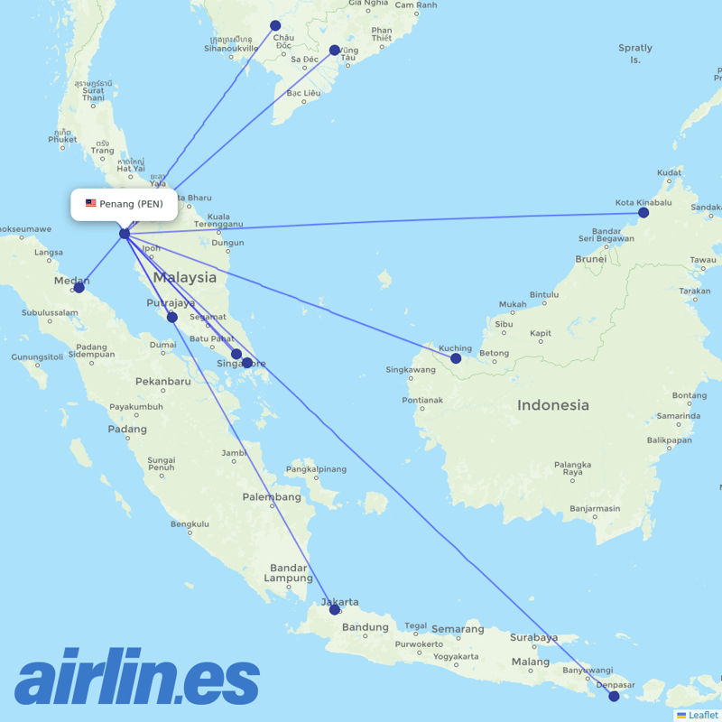 AirAsia from Penang International destination map