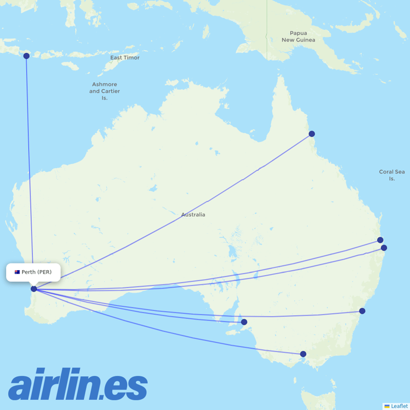 Jetstar from Perth International destination map