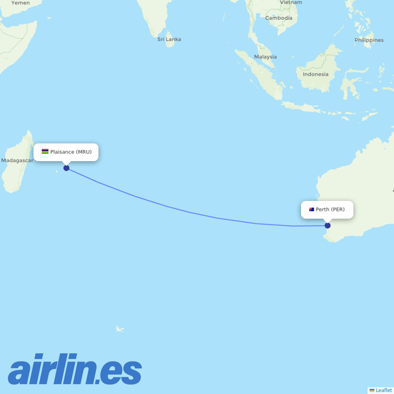 Air Mauritius from Perth International destination map