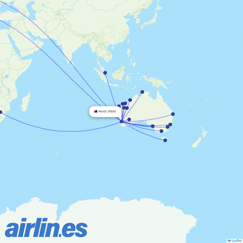Qantas from Perth International destination map
