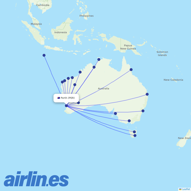 Virgin Australia from Perth International destination map