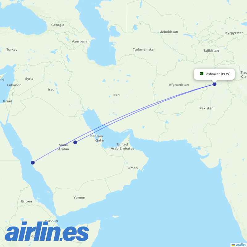 Saudia from Peshawar destination map