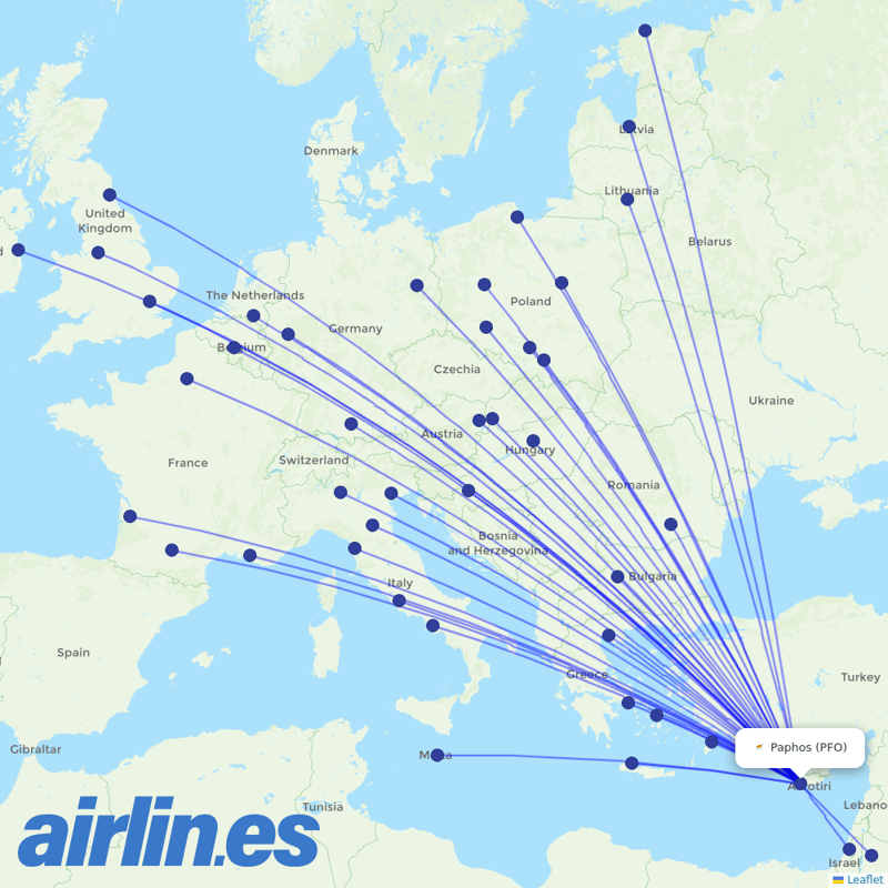 Ryanair from Paphos International Airport destination map