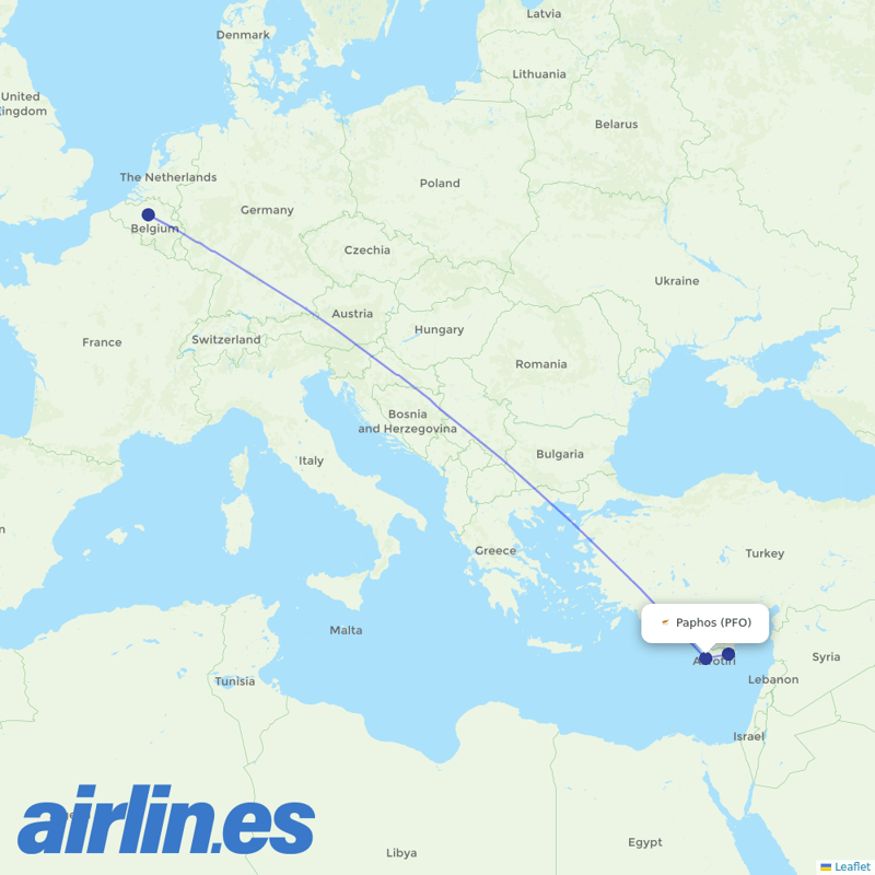 TUI Airlines Belgium from Paphos International Airport destination map