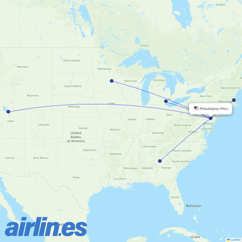Delta Air Lines from Philadelphia International Airport destination map