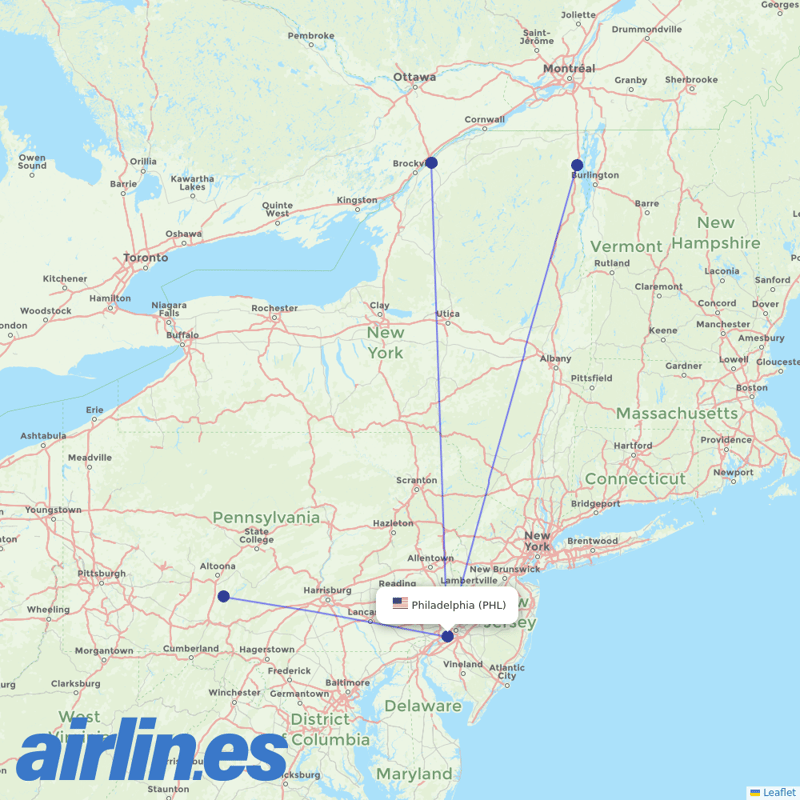 Contour Aviation from Philadelphia International Airport destination map