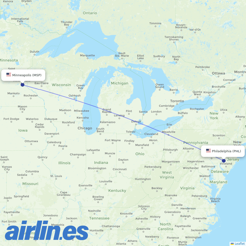Sun Country Airlines from Philadelphia International Airport destination map