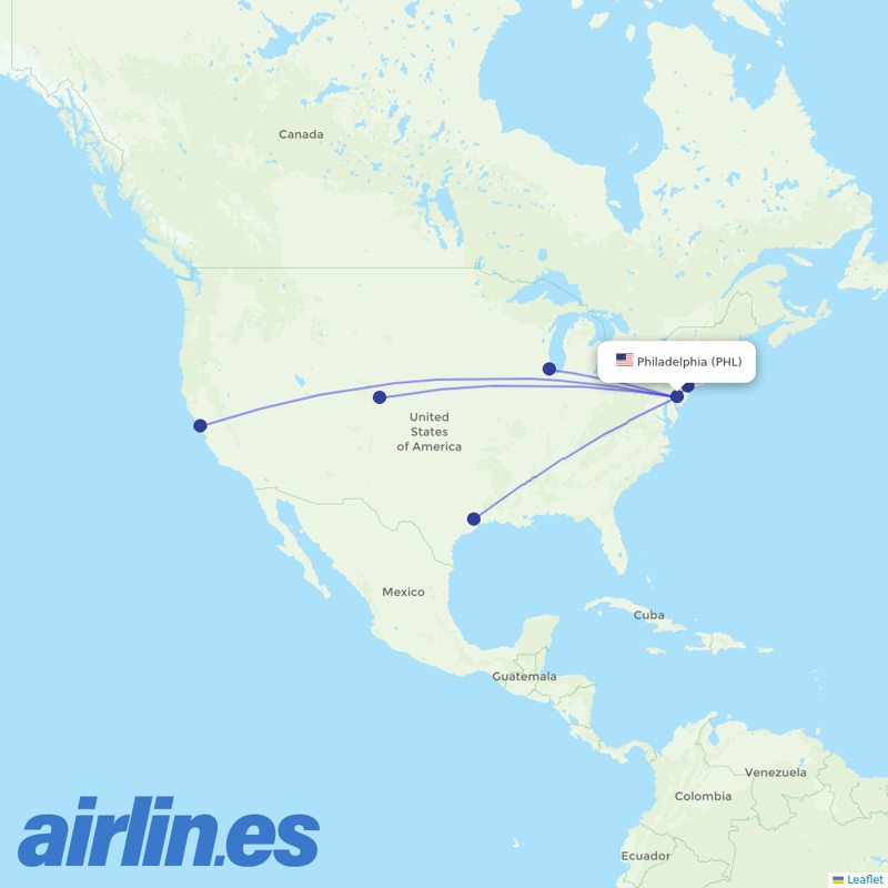 United Airlines from Philadelphia International Airport destination map