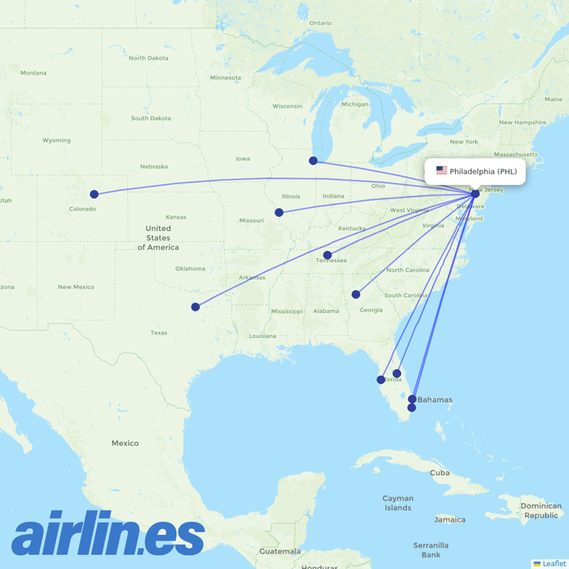 Southwest Airlines from Philadelphia International Airport destination map