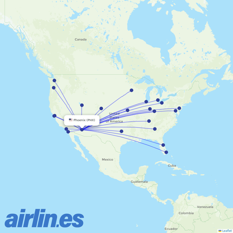 Frontier Airlines from Phoenix Sky Harbor International destination map
