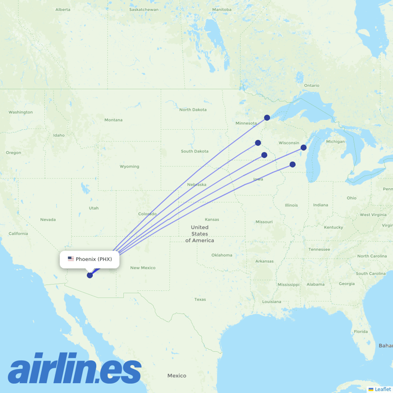Sun Country Airlines from Phoenix Sky Harbor International destination map