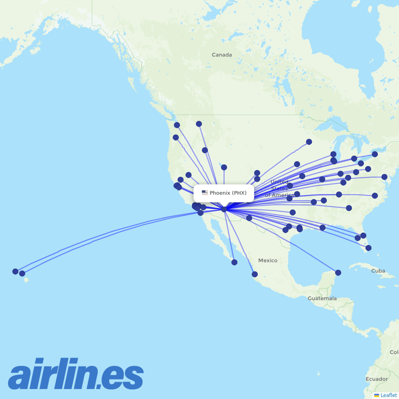 Southwest Airlines from Phoenix Sky Harbor International destination map