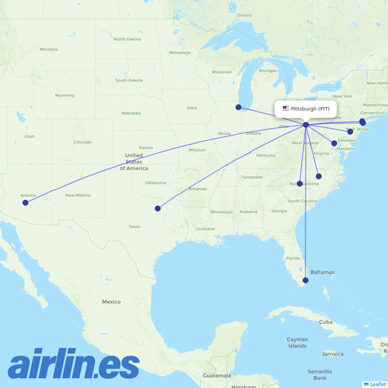 American Airlines from Pittsburgh Airport destination map