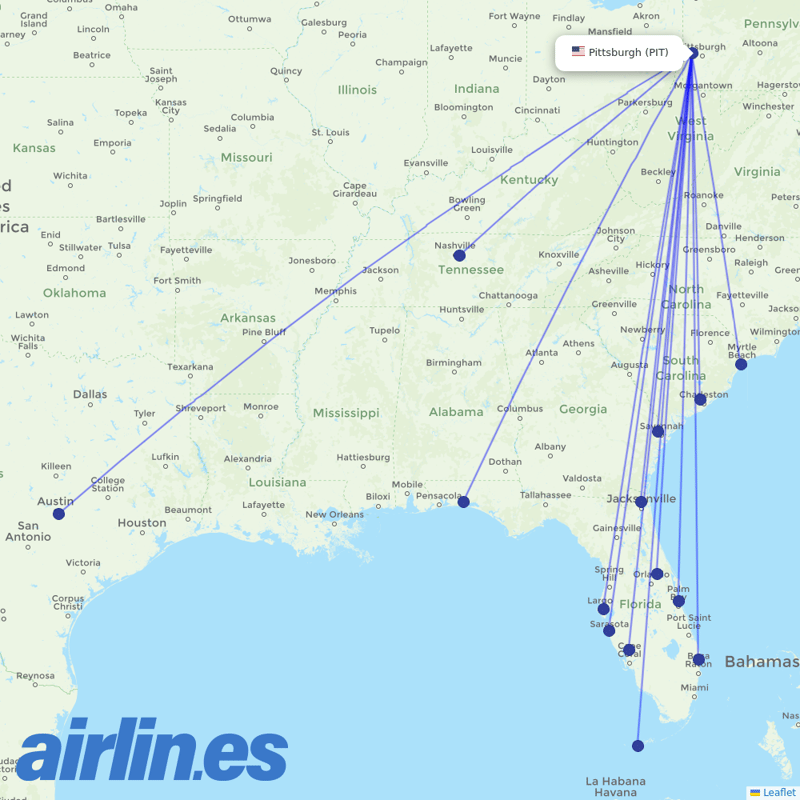 Allegiant Air from Pittsburgh Airport destination map