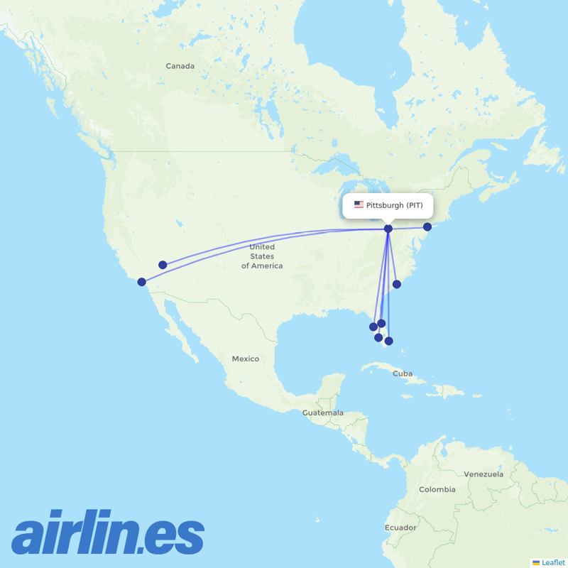 Spirit Airlines from Pittsburgh Airport destination map