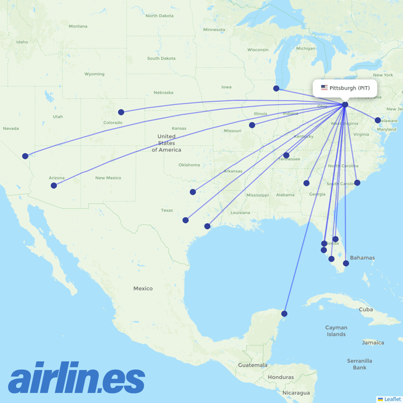 Southwest Airlines from Pittsburgh Airport destination map