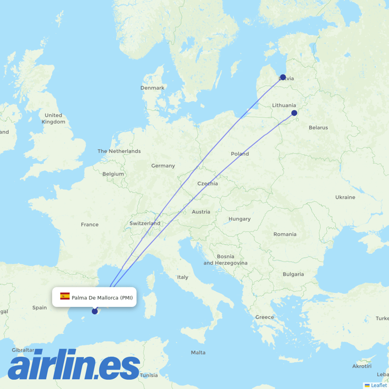 Air Baltic from Palma De Mallorca Airport destination map