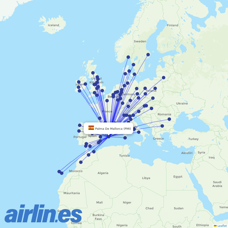 Ryanair from Palma De Mallorca Airport destination map