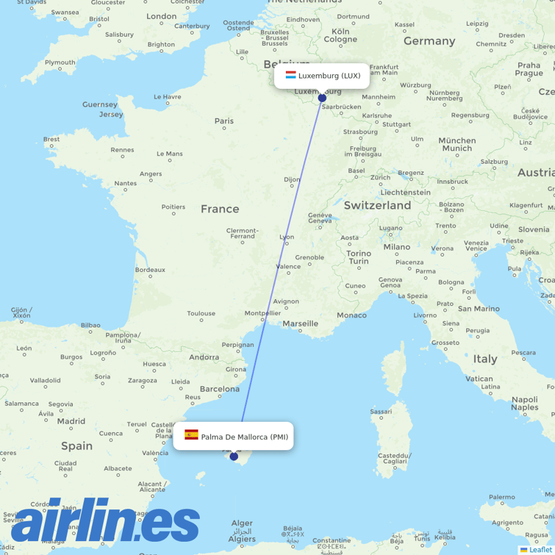 Luxair from Palma De Mallorca Airport destination map