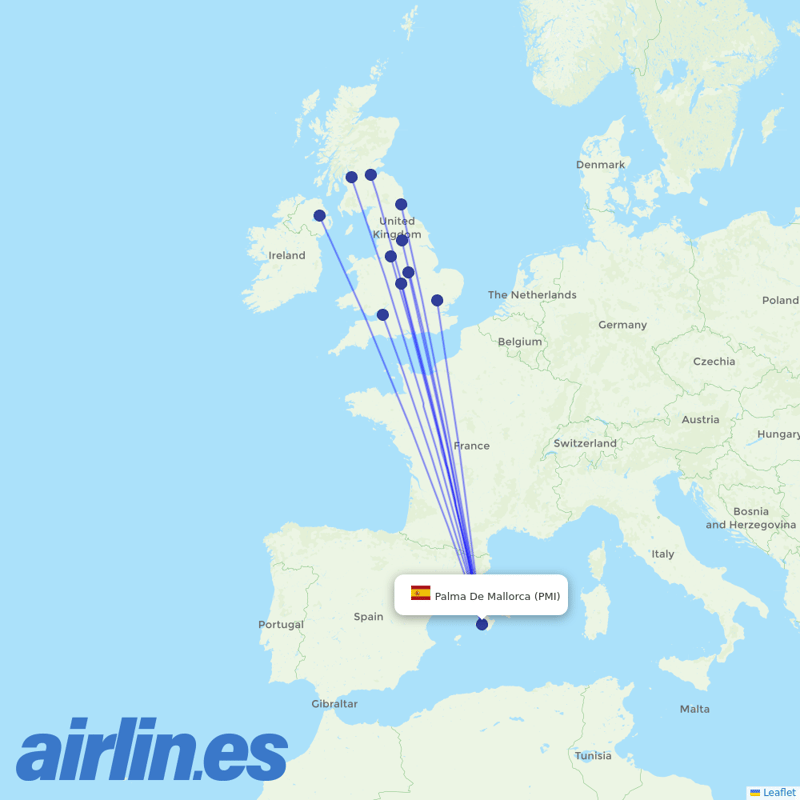 Jet2 from Palma De Mallorca Airport destination map