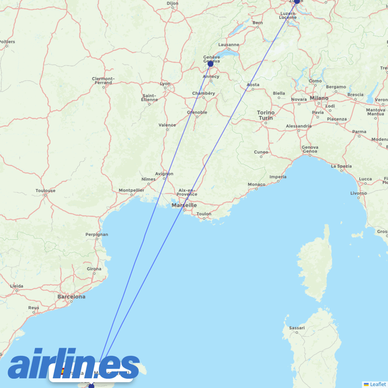 SWISS from Palma De Mallorca Airport destination map