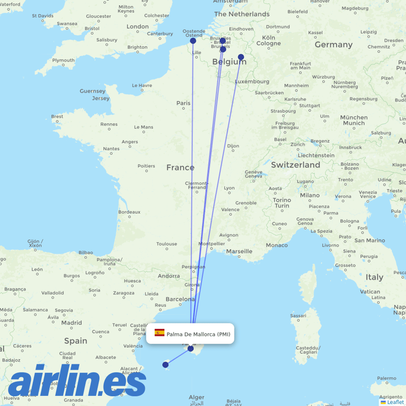 TUI Airlines Belgium from Palma De Mallorca Airport destination map