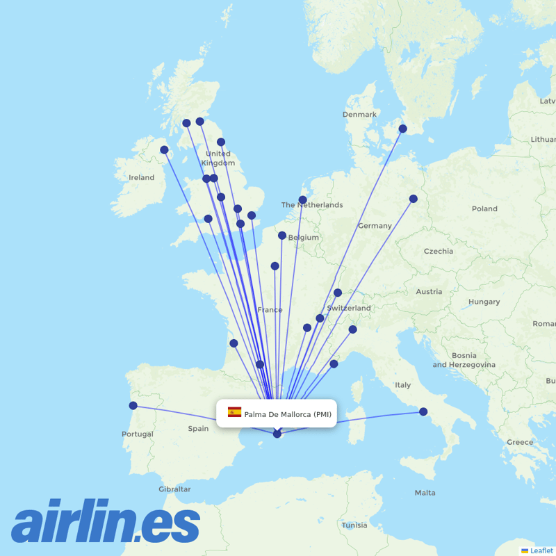 easyJet from Palma De Mallorca Airport destination map