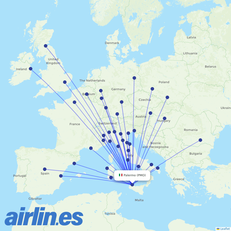 Ryanair from Falcone Borsellino Airport destination map