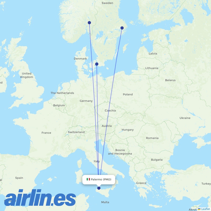 Scandinavian Airlines from Falcone Borsellino Airport destination map