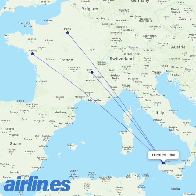Transavia France from Falcone Borsellino Airport destination map