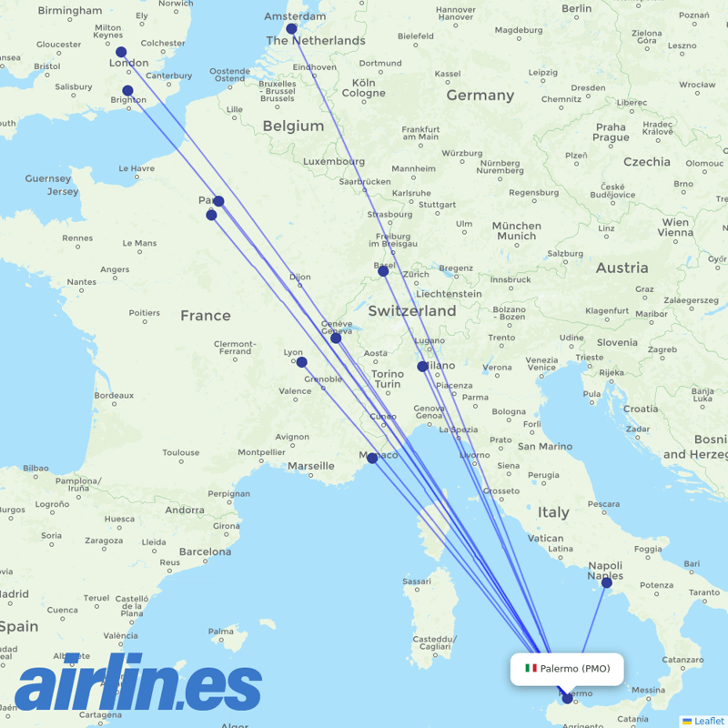 easyJet from Falcone Borsellino Airport destination map