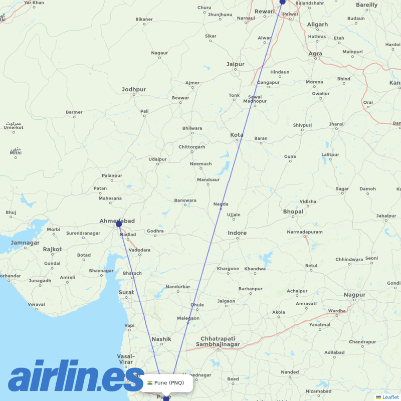 Air India from Pune destination map