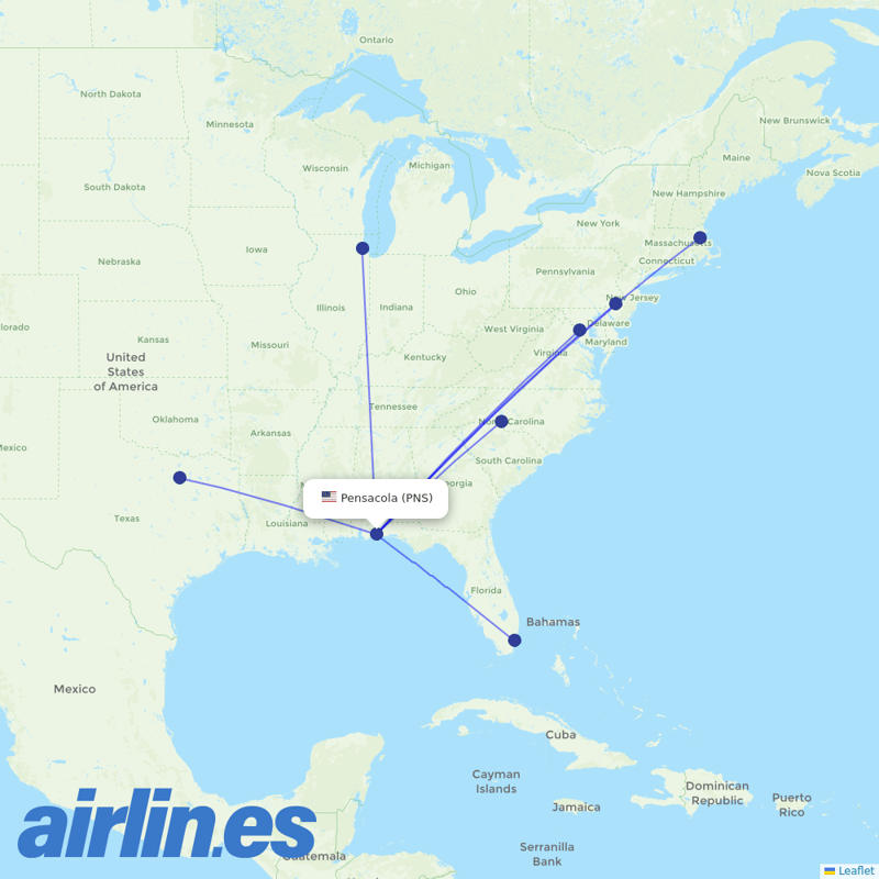 American Airlines from Pensacola Rgnl destination map