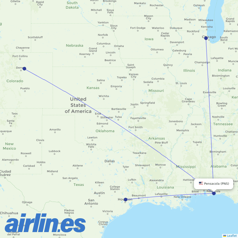 United Airlines from Pensacola Rgnl destination map