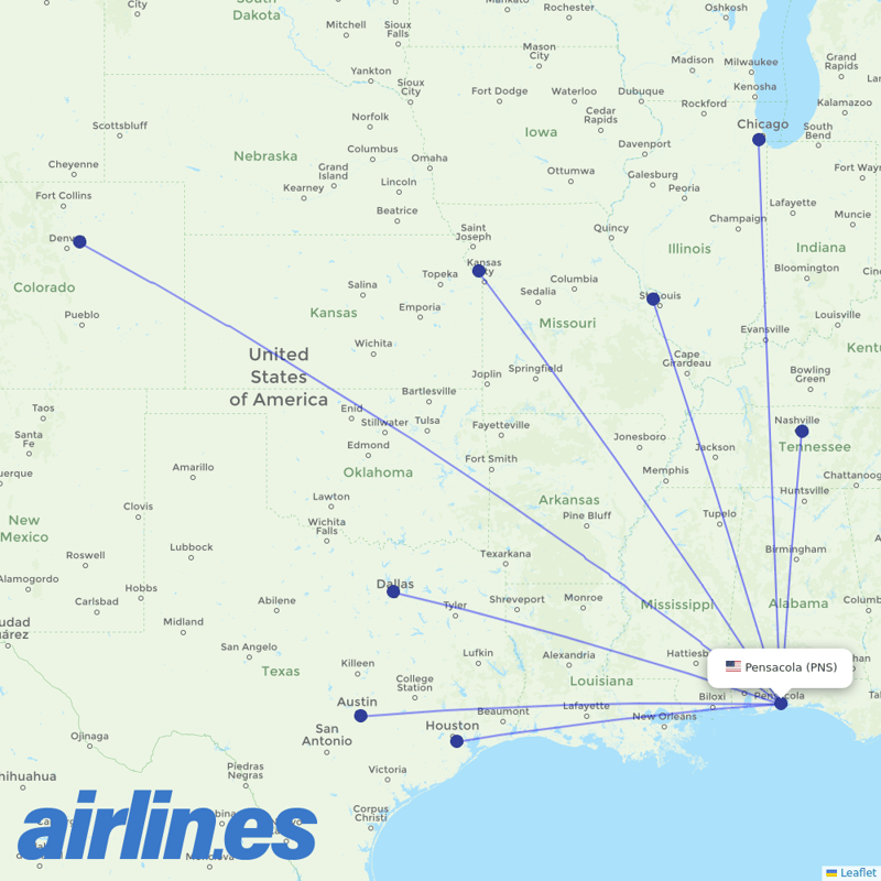 Southwest Airlines from Pensacola Rgnl destination map