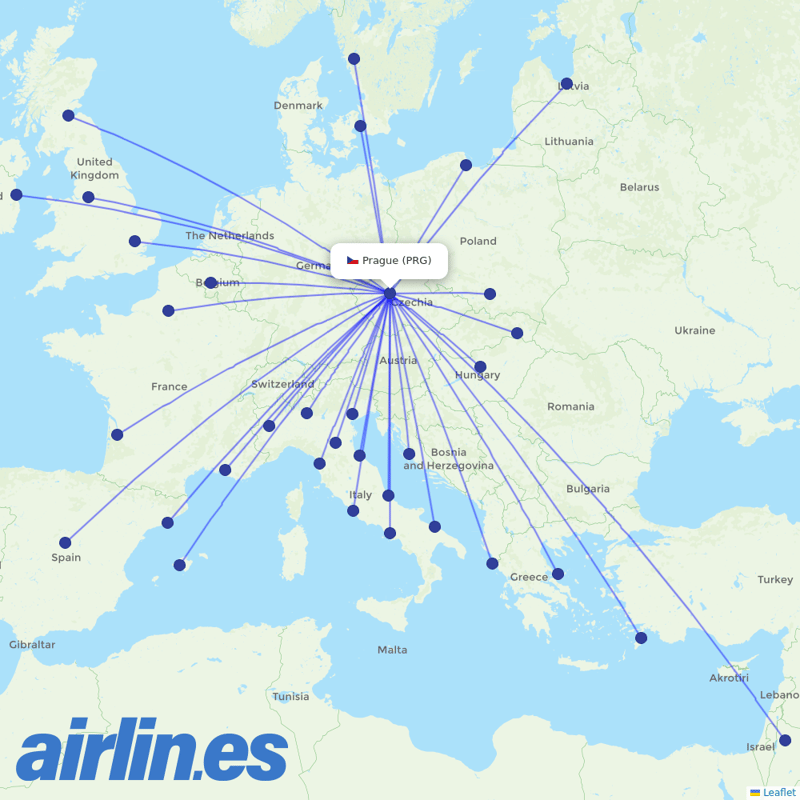 Ryanair from Václav Havel Airport Prague destination map
