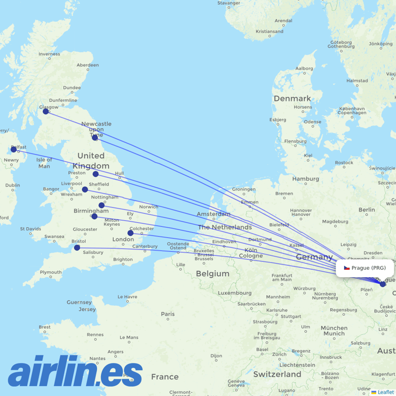 Jet2 from Václav Havel Airport Prague destination map