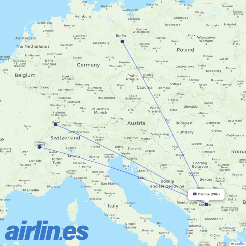 easyJet from Pristina destination map