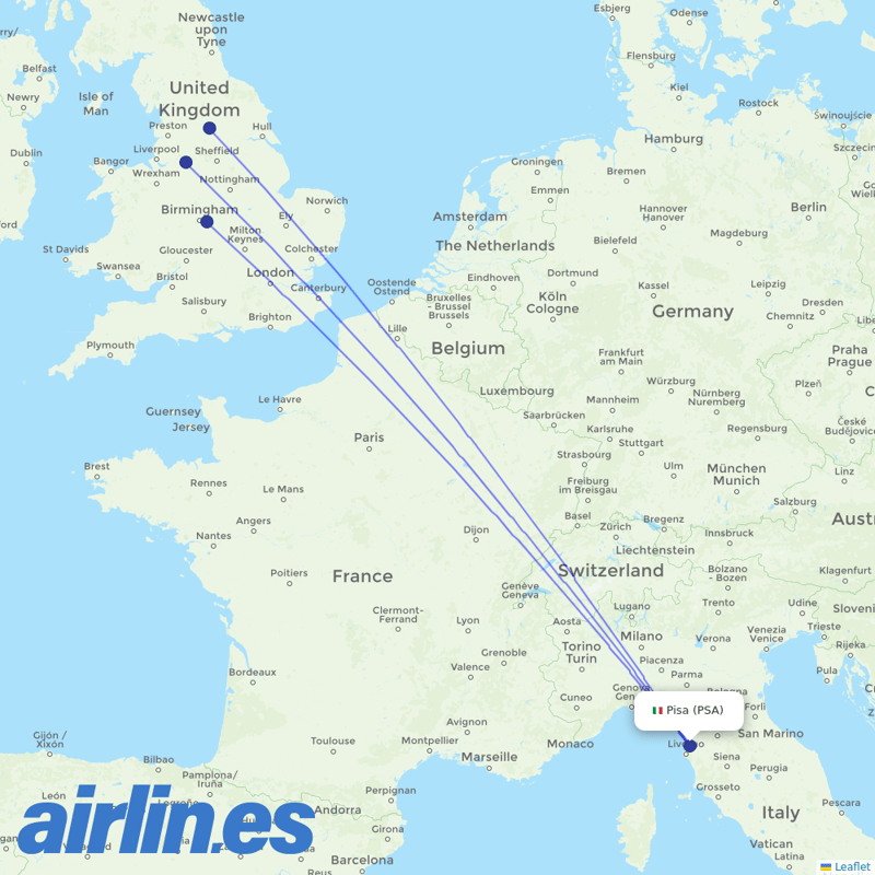 Jet2 from Pisa International Airport destination map