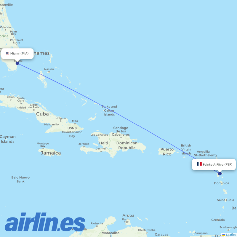 American Airlines from Le Raizet destination map