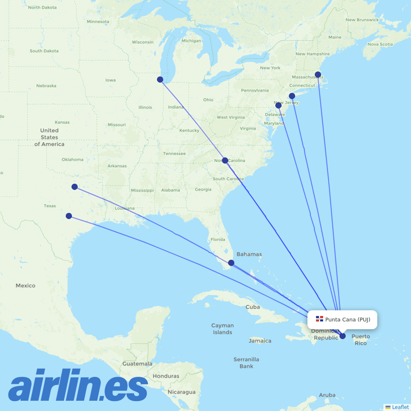 American Airlines from Punta Cana International Airport destination map