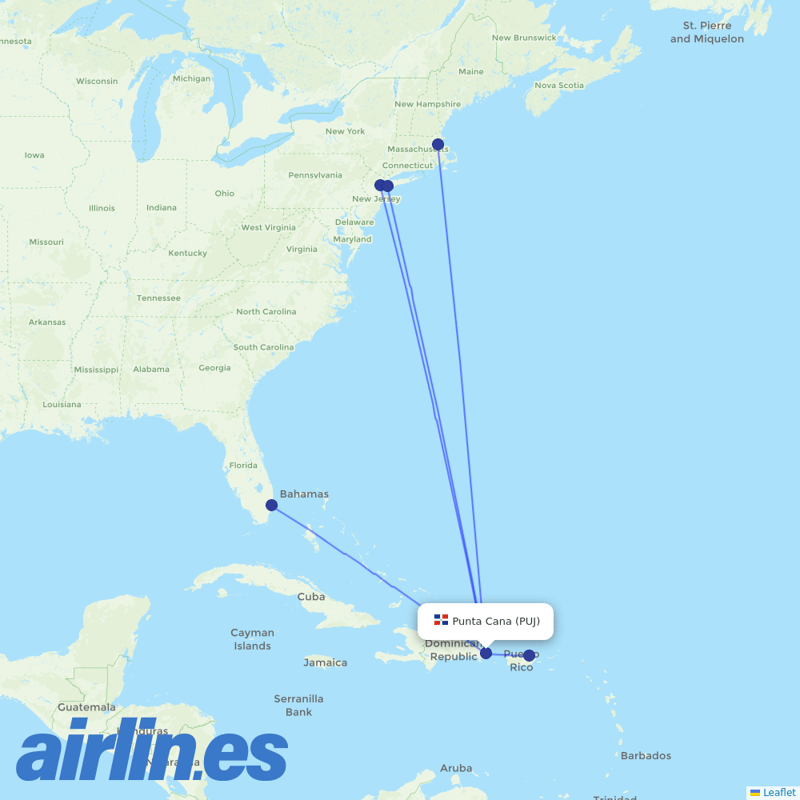JetBlue Airways from Punta Cana International Airport destination map