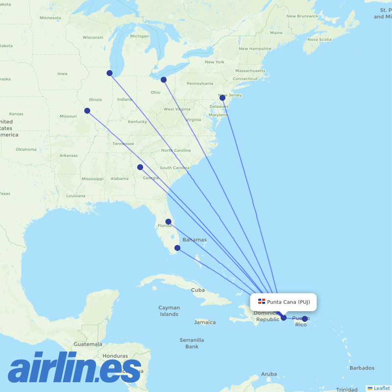Frontier Airlines from Punta Cana International Airport destination map