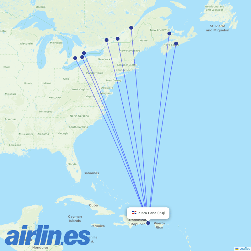 Air Transat from Punta Cana International Airport destination map