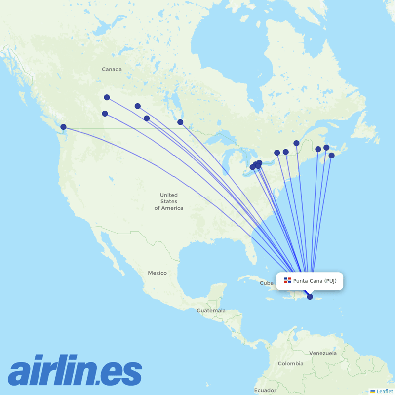 Sunwing Airlines from Punta Cana International Airport destination map