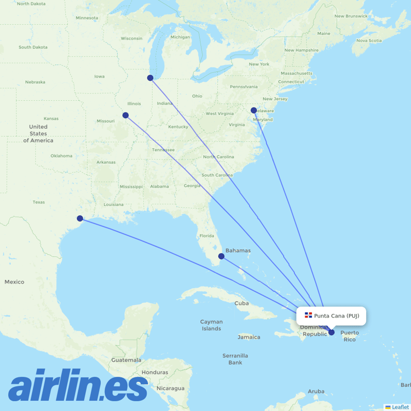 Southwest Airlines from Punta Cana International Airport destination map