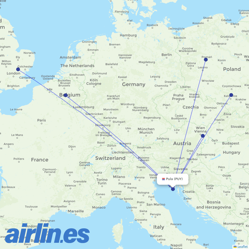 Ryanair from Pula destination map